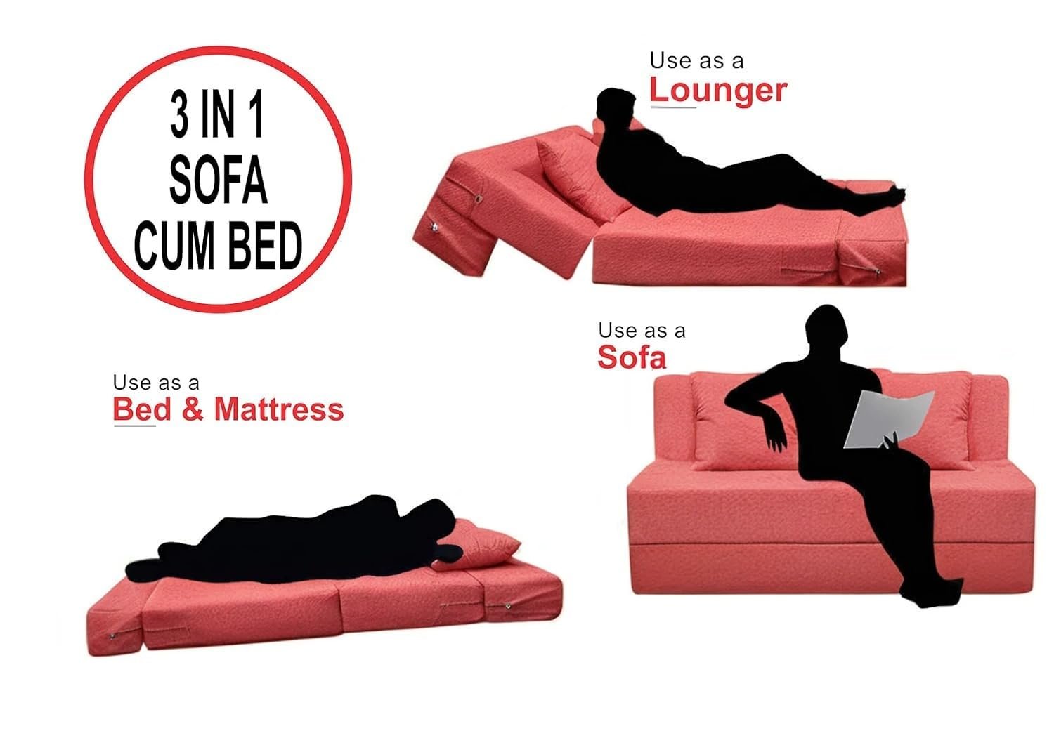 PumPum EPE Foam 2-Seater Sofa Cum Bed – 36 Inch Width, Convertible Design, Lightweight &amp; Foldable (Peach) - View 5