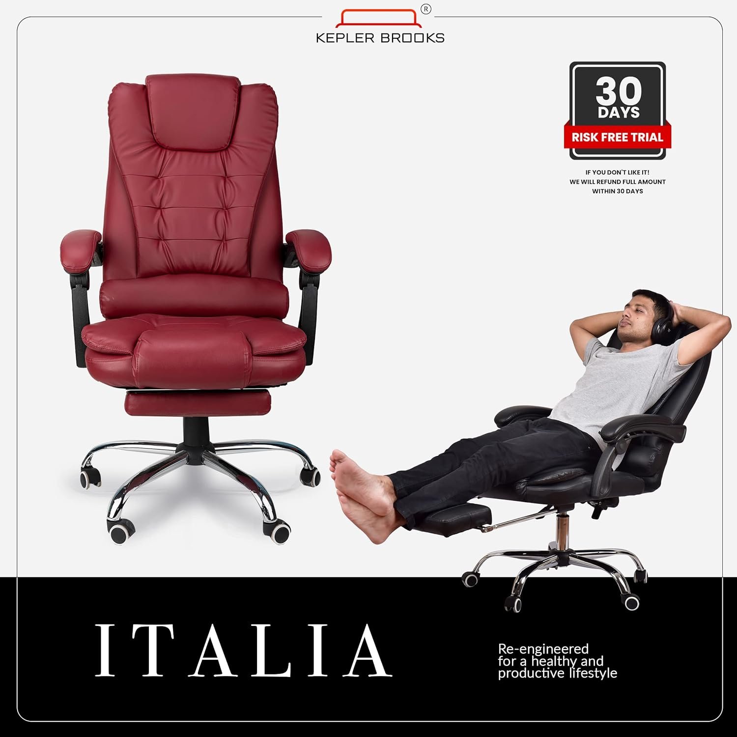 Premium Leatherette Office Chair for Work | 3-Years Warranty | Boss Chair for Office, Ergonomic Executive Chair, Cushioned Arms &amp; Seat, Leg Rest, Heavy Duty Metal Base (Burgundy) - View 2